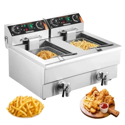 Abbildung von VEVOR Kommerzielle Elektrische Fritteuse, 24 L Fassungsvermögen, Fritteuse mit Doppeltem &amp; Abnehmbarem Korb, 3000 W Edelstahl, Doppel für Küche, Restaurant, Imbissstube usw.