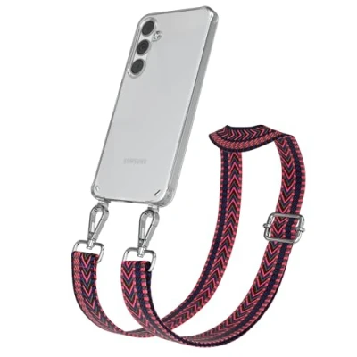 Abbildung von EAZY CASE Handykette mit verstellbarem Trageriemen kompatibel Samsung Galaxy S24 Plus Taschengurt transparenter Handyhülle für Hülle Schulterriemen in Pink Blau Silber