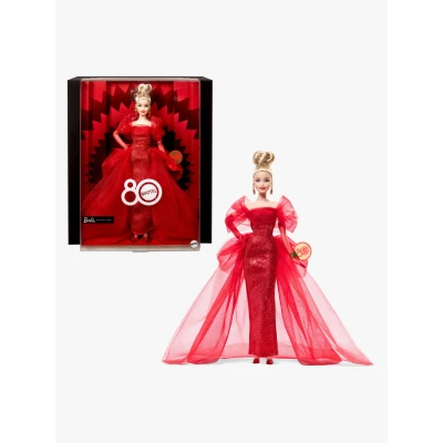 Abbildung von Barbie Signature Puppe, Sammelfigur zum 80. Jubiläum von Mattel in glitzerndem rotem Tüllkleid mit tropfenförmigen Ohrringen und hauchzarten Handschuhen, Blondes Haar, JBJ17