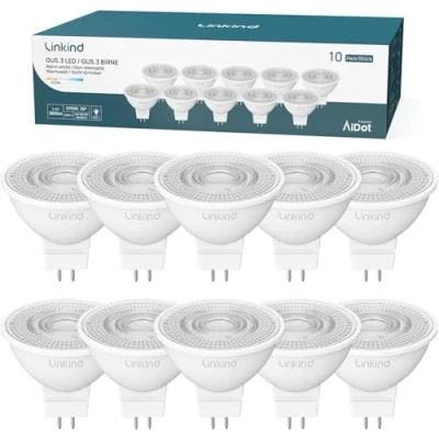Abbildung von Linkind 12V GU5.3 LED 3.4W, 35 Watt ersetzt, 2700K Warmweiß 36 Abstrahlwinkel Spot MR16, 360Lm AC/DC Leuchtmittel, 25,000 Std. Lebensdauer, Nicht dimmbar, 10 Stück