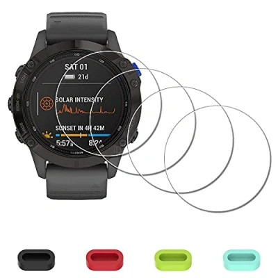 Abbildung von iDaPro Displayschutz Schutzfolie für Garmin fenix 6/6 Pro Multisport GPS watch + 4 teiliger Ladeanschlussschutz 9H Härte Glas Displayschutzfolie Einfache Installation [4 Stück]
