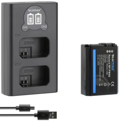 Abbildung von blumax Akku Ersatz für Sony NP FW50 [ 950mAh ] + Mini LCD Dual Charger Alpha 7 7II 7R 7S II 6300 6500 / NEX F3 DSC RX10 IV // ZV E10