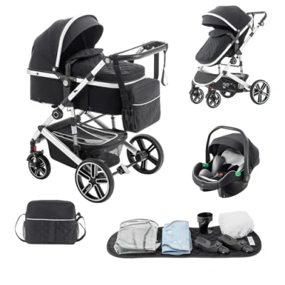 Abbildung von Lnhcrbs Kinderwagen 3 in 1, Kinderwagenrahmen Ist Aluminium, Schlafkorb Stoff 600D, Set Faltbar, Regenschutz, Moskitonetz, Geeignet Für 0 48 Monate, 22kg, Schwarz