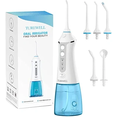 Abbildung von TUREWELL FC1591 Oral Munddusche Kabellos Elektrisch mit 3 Modi und 5 Düsen Wasser flosser IPX7 Wasserdicht USB Aufladen 300ML Irrigator water Zahnreiniger für Zuhause Reise
