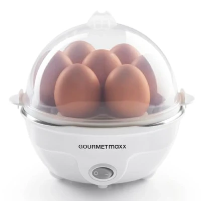 Abbildung von GOURMETmaxx Eierkocher für bis zu 7 Eier Elektrischer und energiesparender Egg Cooker individeulle Härtegrade Inkl. Messbecher Mit Ei Pick perfekte Ergebnisse Dampfauslassung [350 W]