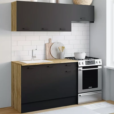 Abbildung von Komplettküche 180 cm mit Arbeitsplatte aus Holz und Schwarz IDMarket