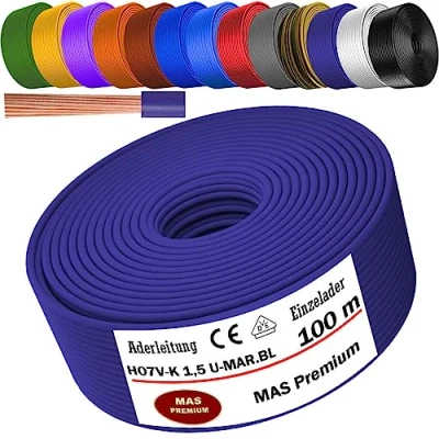 Abbildung von MAS Premium Von 5 bis 100m Aderleitung H07 V K 1x1,5 mm² SW, HBL, GNGE, GN, RT, DBL, BR, OR, GR, WS, VIO, U MAR.BL oder GE Einzelader flexibel (Ultramarinblau, 100m)