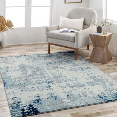 Abbildung von Surya Moroni Wohnzimmer Teppich modern Abstrakt Design in Marmor Optik für 200x274 cm, Esszimmer, Schlafzimmer groß, weicher Kurzflor Silber, Dunkelblau Grau