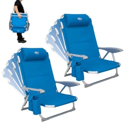 Abbildung von #WEJOY Strandstuhl 2 Set klappbar Hochlehner Klappstuhl 4 Position Leicht tragbar Stark stabil Campingstuhl Lay Flat Chair Max Hold bis 120kg / 265 lbs Blue