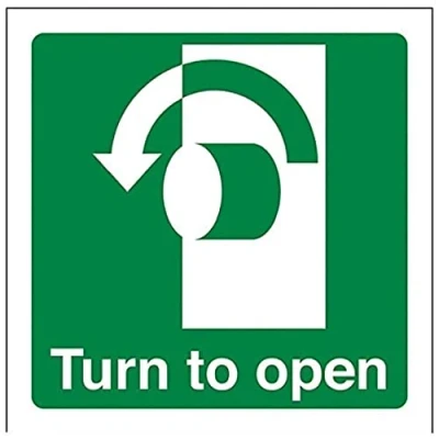 Abbildung von vsafety 22017 AF S &quot;Turn to open gegen den Uhrzeigersinn&quot; Safe Zustand Türschild, selbstklebend, quadratisch, 100 mm x mm, grün