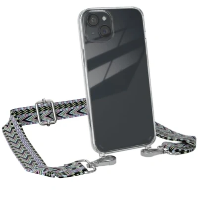 Abbildung von EAZY CASE Handykette mit verstellbarem Trageriemen für iPhone 15 Plus Taschengurt zum Wechseln transparenter Handyhülle Hülle dünner Schulterriemen in Lila Grün Silber