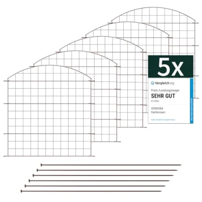 Abbildung von VERDOBA Teichzaun Gartenzaun Komplettset Metall 5 Zaunelemente Zaun für den Garten, Gitterzaun Set Oberbogen Garten Hunde (5x Oberbogen, Braun RAL 8014)