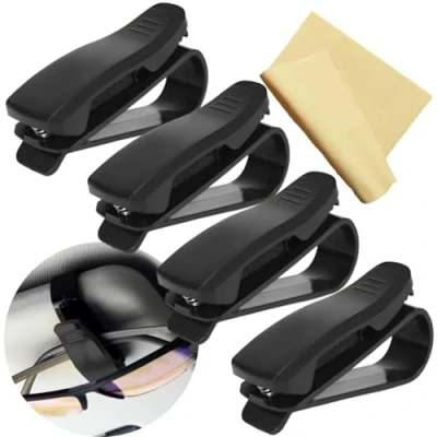 Abbildung von Brillenhalter Auto Sonnenblende + Brillenputztuch 4x Clip Sonnenbrillenhalter Brillenablage Innenausstattung Brillenclip Schwarzer Bestes Autozubehör Glasses Holder