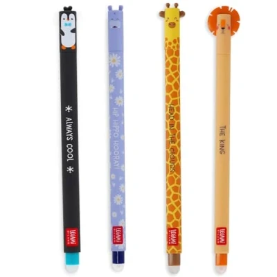 Abbildung von LEGAMI 4er Set Gel Radierstifte, Wildlife, Stifte mit radierbarer Tinte, Hippo, Elefant, Giraffe und Löwe Radierbar ohne Blatt zu verbrauchen, 0,7 mm Spitze (WILDLIFE)