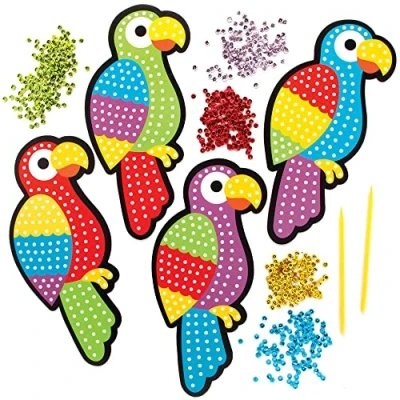 Abbildung von Baker Ross FE185 Papageien Pailletten Bastelsets, Basteln Sie Ihre eigenes Kunst Set, kreative Aktivitäten für Kinder, dekorieren eigenen und Bastelprojekte, 4 Stück