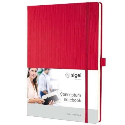 Abbildung von SIGEL CO645 Premium Notizbuch liniert, A4, Hardcover, 194 nummerierte Seiten, rot, nachhaltiges Papier, mit Inhaltsverzeichnis, Stiftschlaufe, Falttasche, Gummibandverschluss, Conceptum