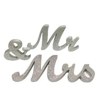 Abbildung von Zinsale Freistehende Mr &amp; Mrs Holzschilder mit Glitter für Hochzeitsdekoration Tischdekoration (Silber)