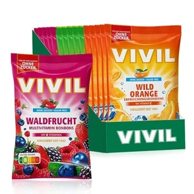 Abbildung von VIVIL Erfrischungsbonbons Mix, 15 Beutel, mit Waldfrucht, Wild Orange und Limette MInze, zuckerfrei, vegan &amp; glutenfrei, x 120g