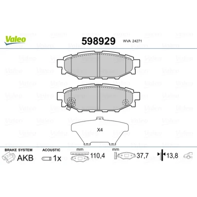 Abbildung von VALEO 598929 Bremsbelagsatz Hinterachse inkl. Verschleißwarnkontakt mit Anti Quietsch Blech SUBARU: XV I, Forester IV, III
