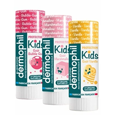 Abbildung von Dermophil dermokid&#039; S Stick Lippen NEUE parfums Vanille * Marshmallow Bubble Gum 3 Sticks von 4 g