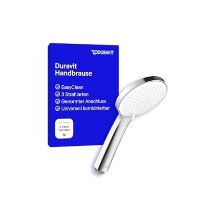 Abbildung von Duravit Universal Duschkopf, Duschbrause mit 3 Strahlarten (Rain, Intense Rain, Soft Rain), Handbrause rund (Ø 110 mm), Brausekopf reinigungsfreundlich, Chrom/Weiß