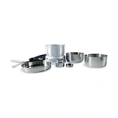 Abbildung von Tatonka Multi Set + Alcohol Burner (8 teilig) Camping Kochgeschirr aus Edelstahl mit Spirituskocher (Pfanne, 2 Töpfe, Klemmgriff, Windschutz, Kochgestell und Kocher)