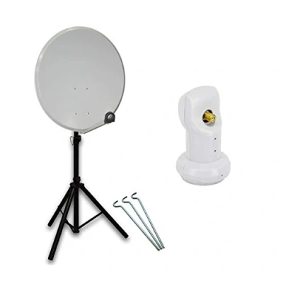 Abbildung von Premium X Camping Satelliten Komplettanlage 80cm Satellitenschüssel Aluminium SAT Single LNB Dreibein Stativ 3X Heringe