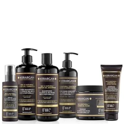 Abbildung von Kerargan Komplett Kit Anti Haarausfall mit Rizinusöl für trockenes und lebloses Haar Fördert das Wachstum Ohne Sulfate, Parabene, Silikone 3x500ml + 100ml 350ml 250ml