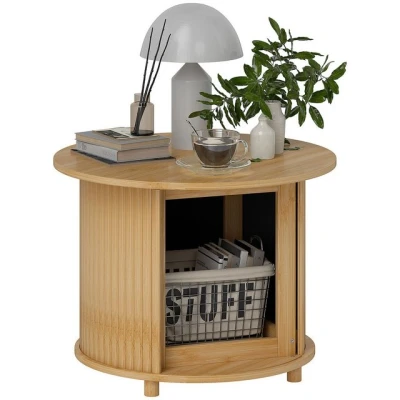 Abbildung von HOMCOM Couchtisch Wohnzimmertisch aus Bambus mit verstecktem Stauraum und Schiebetür (1 St), für Wohnzimmer, Natur, Ø60 x 45 cm