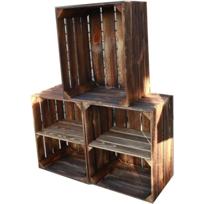 Abbildung von Teramico Holzkisten Obstkisten Weinkisten geflammt dunkel 50 x 40 30cm in tollen Set Angeboten als Regal oder zur Aufbewahrung (3er 2 Boden Kurz)