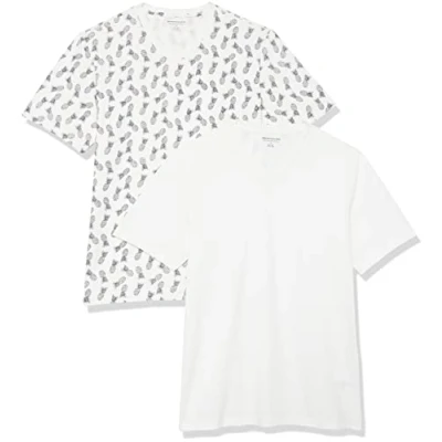 Abbildung von Amazon Essentials Herren Kurzärmelige T Shirts mit V Ausschnitt, 2er Pack, Ananasaufdruck/Weiß, L