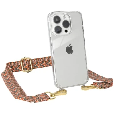 Abbildung von EAZY CASE Handykette mit verstellbarem Trageriemen für iPhone 15 Pro Taschengurt zum Wechseln transparenter Handyhülle Hülle dünner Schulterriemen in Orange Grün Gold