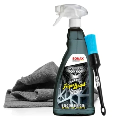 Abbildung von detailmate Felgen Reiniger Set SONAX FelgenBeast Felgenreinger 1L + Valet Pro Reiniguns Pinsel chemieresistent Allrounder Mikrofasertuch 40x40cm, 380 GSM Schutzhandschuhe