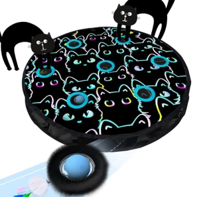 Abbildung von GoldenSun Katzenspielzeug, Bewegungs Zwitscher aktivierter Beweglicher Ball, Maus Fangspiel Blau, 7 Loch Versteckspiel für Katzen im Innenbereich, Schwarzes MIAU