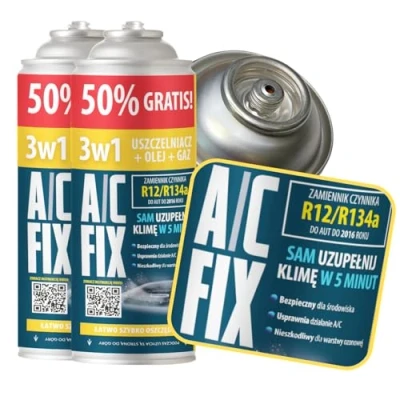 Abbildung von A/C FIX 3in1 R134a Kältemittel Ersatzgas Kühlmittel Klima Auto mit Dichtmittel und Öl Gasflasche 2x235 g Klimaanlage Nachfüllset Wohnmobil ECO