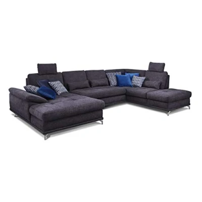 Abbildung von Cavadore Wohnlandschaft Castiel mit Federkern / Großes Schlafsofa in U Form Bettkasten, Sitztiefenverstellung und Kopfstützen 368 x 114 232 Webstoff, Dunkelblau