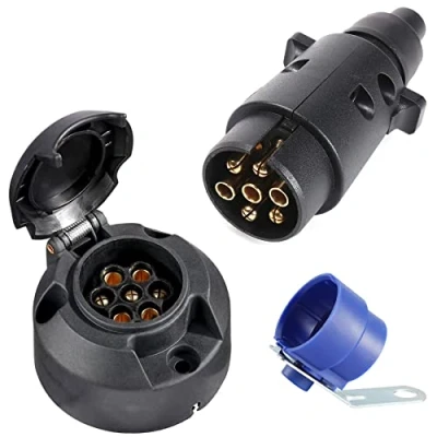 Abbildung von SPARKMOTO 7 poliger Anhängerstecker und polige Anhängersteckdose, 12V Wasserdicht Wohnwagen Anhänger Stecker Steckdose mit Blau Anhängersteckerhalter,für PKW LWK AHK(Gummi Kappe)