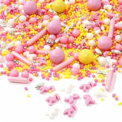 Abbildung von Streusel Glück Flamingo Time rosa gelb weiss 180g Zuckerstreusel Sprinkles rosafarbene Tortendeko Mädchen Kindergeburtstag Christmas Prinzessin Kuchenstreusel Plätzchen Torte