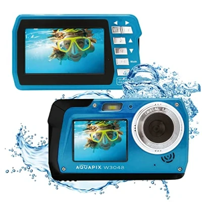 Abbildung von Easypix Aquapix &#039;Edge&#039; Unterwasserkamera mit Zwei Displays, wasserfest bis 3 m, zu 48 MP Auflösung, 16x Digital Zoom, 13 Sensor, Video 4K, Eisblau