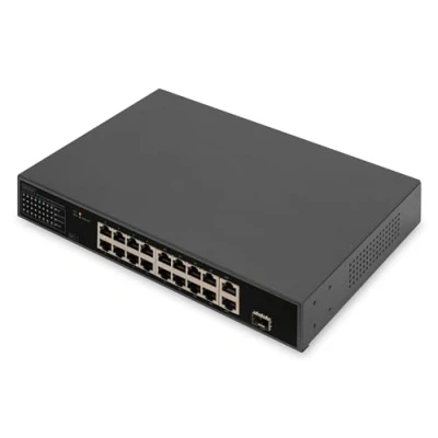 Abbildung von DIGITUS 18 Port Fast Ethernet PoE Netzwerk Switch 16x 100 Mbps RJ45 + 1x Gbps Kombi SFP 19 Zoll 185W Budget 10/100