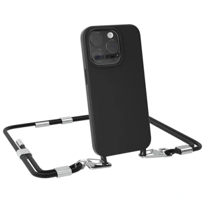 Abbildung von EAZY CASE Handykette mit Karabiner kompatibel iPhone 15 Pro Hülle Silikon Fallschutz Handyhülle für Kette zum Umhängen Schutzhülle Mikrofaser in Schwarz Clips Gold