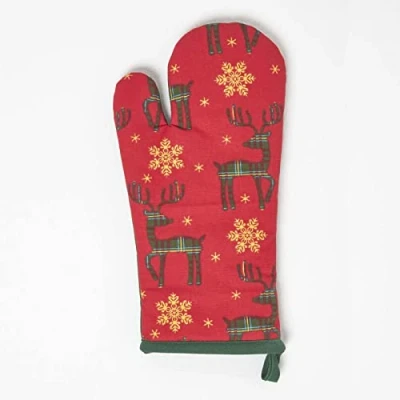 Abbildung von HOMESCAPES Ofenhandschuh Rentier rot grün, Backhandschuh Weihnachten 18x32 cm, waschbarer Topfhandschuh aus Baumwolle