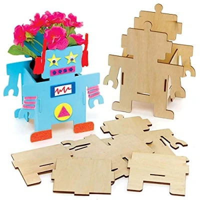 Abbildung von Baker Ross FE378 Roboter Holzbastelset Blumentopf 3er Pack, für Kinder zum Basteln, Bemalen und Dekorieren