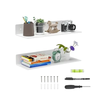 Abbildung von Sezanrpt 2 Pack weiße Acryl Sich hin und herbewegende Regale 38cm, Wand hängende Badezimmer Regale, Aufbewahrungsregal für Küche, Esszimmer, Wohnzimmer, Schlafzimmer