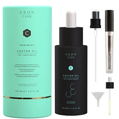 Abbildung von CÉON Rizinusöl für Wimpern, Haare und Augenbrauen Kaltgepresst Bio 100ml Organic Castor Oil for Hair Growth Serum Haarwachstum beschleunigen inkl. Mascara + Pipette Pumpe