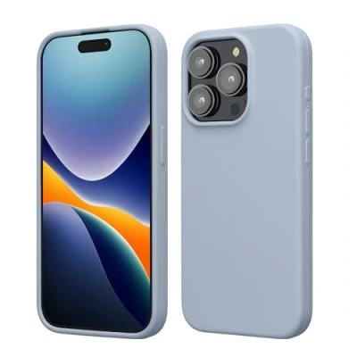 Abbildung von kwmobile Hülle für das iPhone 15 Pro Silikon Handy Case stoßfeste Handyhülle mit weicher Oberfläche Hellblau matt