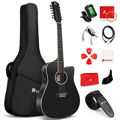 Abbildung von Vangoa 12 saitige Westerngitarre mit Tonabnehmer 4 Band EQ Elektro Akustische Gitarre 41 Zoll, Schwarz
