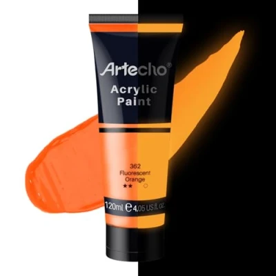 Abbildung von Artecho Acrylfarbe Leuchtfarbe Orange 120 ml, Wasserfest und Lichtecht, Schnell Trocknend, für Leinwand, Holz, Stoff, Handwerk, Leder Stein.