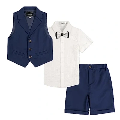 Abbildung von LOLANTA 4 teiliger Kinder Freizeit Anzug Set, Jungen Sommer Festlich Hochzeitsanzug, Kurzarm Hemd, Fliege, Weste, Kurze Hose, Dunkelblau, 7 8 Jahre, 140