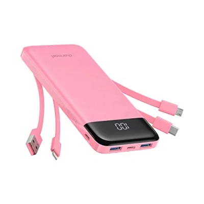 Abbildung von Charmast Power Bank, Slim 10000mAh Powerbank mit USB C Kabel und LED Display, 6 Ausgängen Klein Aber Stark Externe Handyakkus Kompatibel iPhone 16 15 14 13 12 Pro Max Huawei Samsung Tablet（Rosa）